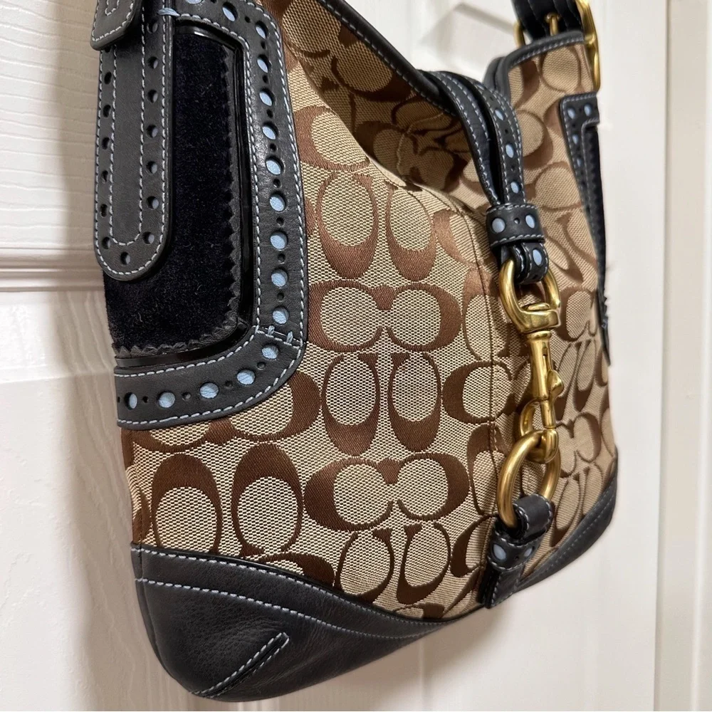 Coach Legacy Hobo Bag Signature Jacquard Perforated Navy Leather